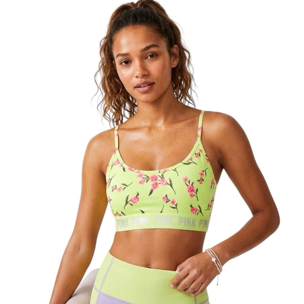 Victoria’s Secret Pink Sport Gym to Swim Sports Bra Neon Yellow Floral Sz XL